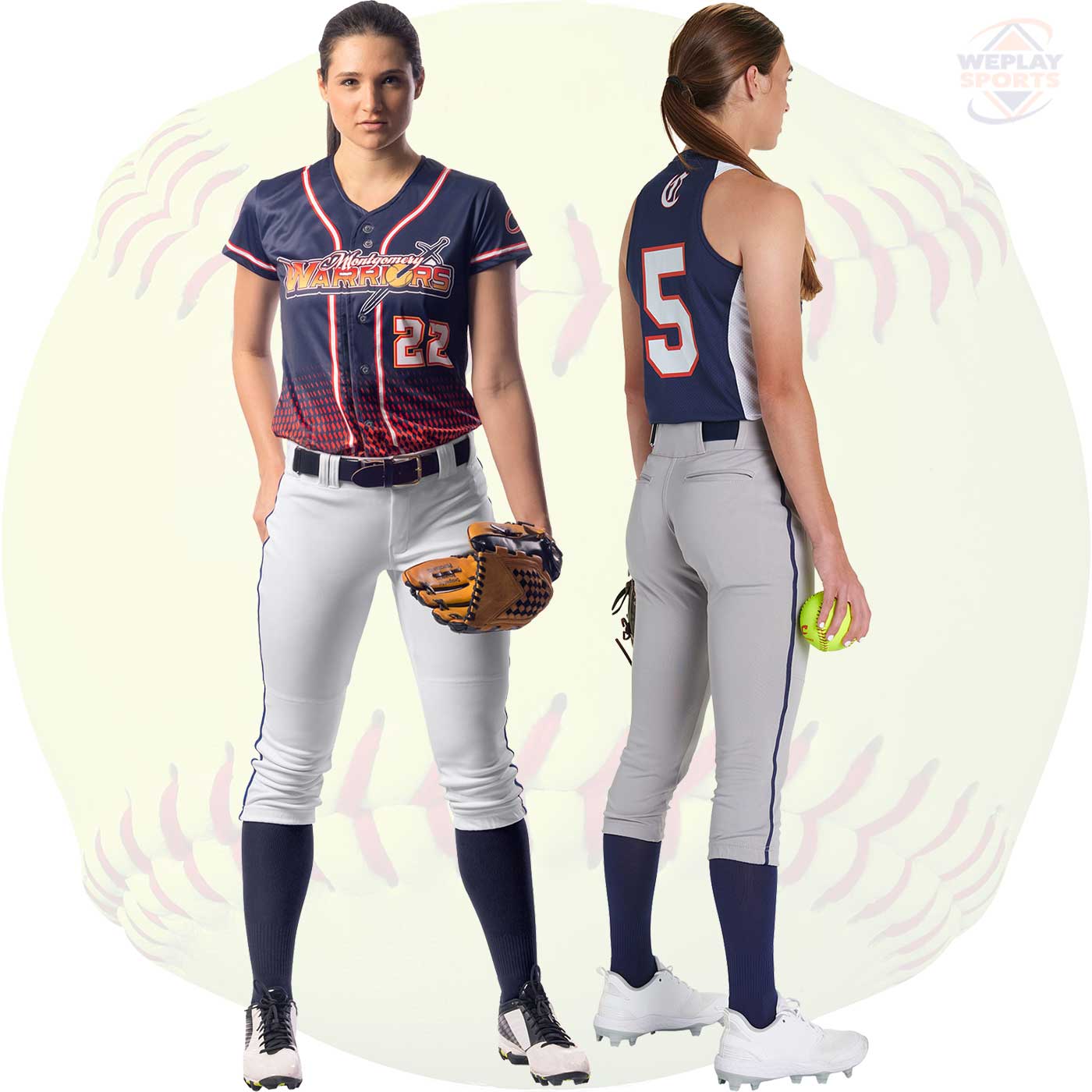 CHAMPRO Sports BP11P Womens Piped Softball Pants  - Front Back